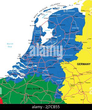 Sehr detaillierte Vektorkarte der Niederlande mit Verwaltungsregionen, Hauptstädten und Straßen. Stock Vektor