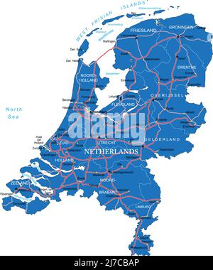 Sehr detaillierte Vektorkarte von Holland mit Verwaltungsregionen, Hauptstädten und Straßen. Stock Vektor