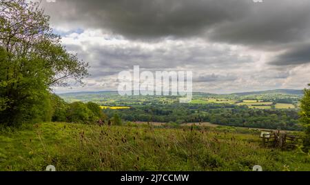 Blick auf die Landschaft in Blatchford Down, Abinger Hammer in der Surrey Hills Area von außergewöhnlicher natürlicher Schönheit, Sonne im Tal, dunkle stürmische Wolken Stockfoto