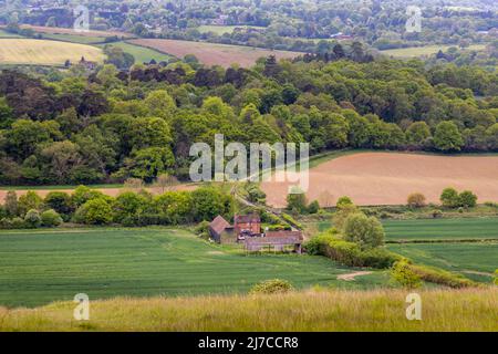 Blick auf die Landschaft und das Ackerland in Blatchford Down auf dem North Downs Way, Abinger Hammer in der Surrey Hills Area of Outstanding Natural Beauty Stockfoto