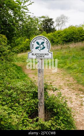 Blick auf das Namensschild des National Trust in Blatchford Down auf dem North Downs Way, Abinger Hammer in der Surrey Hills Area of Outstanding Natural Beauty Stockfoto