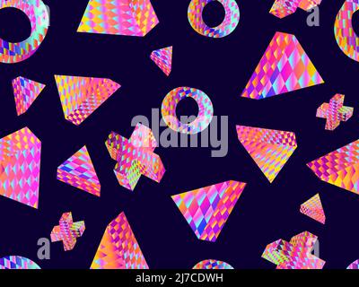 Geometrische 3D Formen mit Karomuster. Nahtloses Muster im 80s-Style. Verlaufsfarben. Design von Banner und Werbeartikeln. Vektorgrafik Stock Vektor