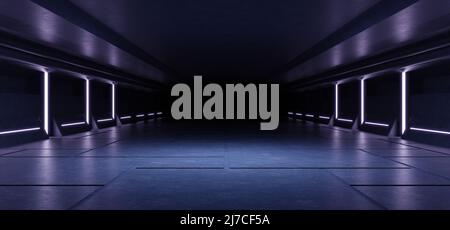 Sci FI futuristischer Studio Stage dunkler Raum in der Raumstation mit leuchtendem Neonlicht Hintergrund.3D Rendering Stockfoto