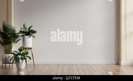 Pflanzen auf einem Holzboden im leeren weißen Raum.3D Rendering Stockfoto