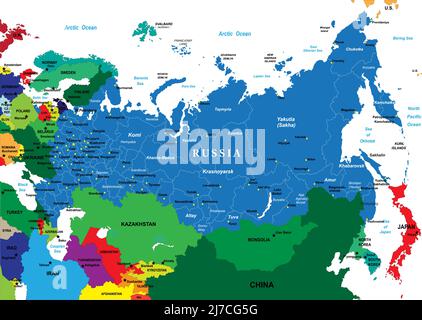 Hochdetaillierte Vektorkarte Russland mit Verwaltungsregionen, Hauptstädten und Straßen. Stock Vektor