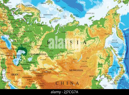 Sehr detaillierte physische Karte von Russland, im Vektorformat, mit allen Reliefformen, Regionen und großen Städten. Stock Vektor