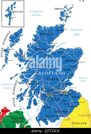 Sehr detaillierte Vektorkarte von Schottland mit Verwaltungsregionen, Hauptstädten und Straßen. Stock Vektor