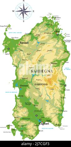 Sehr detaillierte physische Karte von Sardegna im Vektorformat, mit allen Reliefformen, Regionen und großen Städten. Stock Vektor
