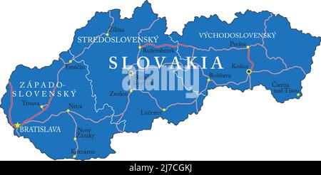 Hochdetaillierte Vektorkarte der Slowakei mit Verwaltungsregionen, Hauptstädten und Straßen. Stock Vektor