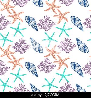 Meerestiere Skizzierten Nahtloses Muster. Marine Life Creatures handgezeichnetes Oberflächenmuster Design. Stock Vektor