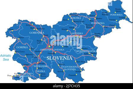 Sehr detaillierte Vektorkarte von Slowenien mit Verwaltungsregionen, Hauptstädten und Straßen. Stock Vektor