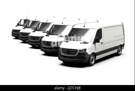 Flotte von weißen generischen und unbranded Vans: 3D Abbildung Stockfoto