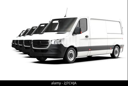 Flotte weißer, generischer und nicht markenmarkenmarkengebauter Lieferwagen auf weißem Hintergrund: Abbildung 3D Stockfoto