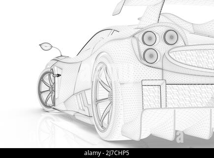 Generischer Sport ohne Marke Drahtmodell Auto isoliert auf einem weißen Hintergrund: 3D Abbildung Stockfoto