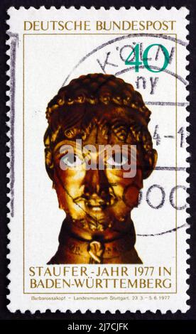 DEUTSCHLAND - UM 1977: Eine in Deutschland gedruckte Briefmarke zeigt Barbarossa Head, Cappenberg Reliquary, um 1977 Stockfoto