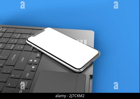 Smartphone auf einem Laptop-Modell, Abbildung 3D. Stockfoto
