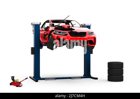 Roter generischer Sport unbranded Damaged Car on lift, Abbildung 3D. Stockfoto