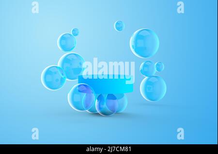 Abstrakte Szene mit blauem Podium und Blasen auf einem farbenfrohen Hintergrund. 3D Abbildung Stockfoto