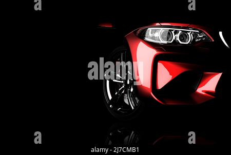 Generisches rotes Auto ohne Markenbezeichnung, isoliert auf dunklem Hintergrund. 3D Abbildung Stockfoto