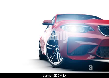 Generisches rotes Auto ohne Markenbezeichnung, isoliert auf weißem Hintergrund. 3D Abbildung Stockfoto
