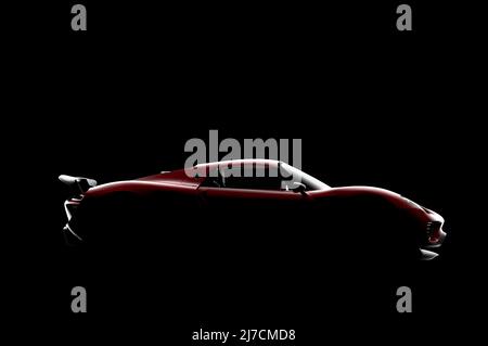 Silhouette eines roten generischen und markenlosen Sportwagen im Dunkeln: 3D Illustration Stockfoto