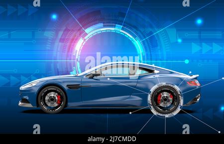 Blauer generischer und markenungebrandeter Sportwagen auf einem thecnology Hintergrund: 3D Illustration Stockfoto