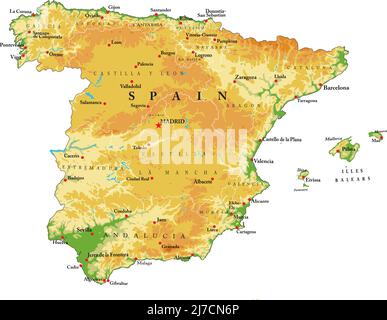 Sehr detaillierte physische Karte von Spanien, im Vektorformat, mit allen Reliefformen, Regionen und großen Städten. Stock Vektor