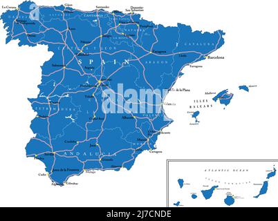 Sehr detaillierte Vektorkarte von Spanien mit Verwaltungsregionen, Hauptstädten und Straßen. Stock Vektor