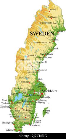 Sehr detaillierte physische Karte von Schweden, im Vektorformat, mit allen Reliefformen, Regionen und großen Städten. Stock Vektor