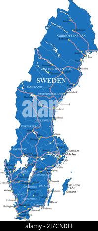 Sehr detaillierte Vektorkarte von Schweden mit Verwaltungsregionen, Hauptstädten und Straßen. Stock Vektor