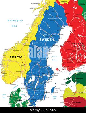 Sehr detaillierte Vektorkarte von Schweden mit Verwaltungsregionen, Hauptstädten und Straßen. Stock Vektor