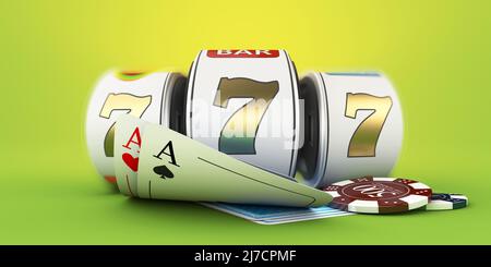 Spielautomat mit glücklichen Siebener Jackpot und Chips. Beschneidungspfad enthalten. 3D Rendering Stockfoto