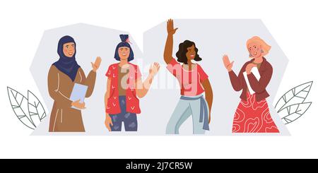 Frauen unterschiedlicher Ethnien und Kulturen stehen mit winkenden Händen. Schwesternschaft und Frauen Freundschaft, flache Vektor-Illustration isoliert auf weiß. Stock Vektor