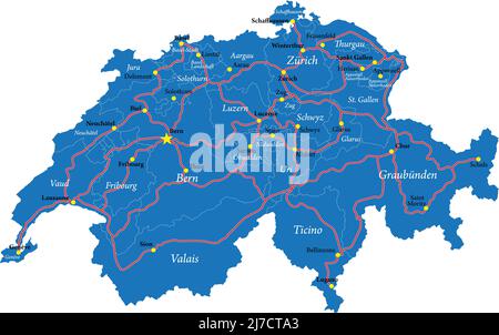 Sehr detaillierte Karte der Schweiz, mit den wichtigsten Verwaltungsregionen, Städten und Straßen. Stock Vektor