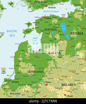 Sehr detaillierte physische Karte der baltischen Staaten, im Vektorformat, mit allen Reliefformen, Ländern und großen Städten. Stock Vektor