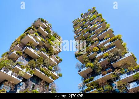 Ansicht von Bosco Verticale (Vertikales Holz), einem Paar von ökologischen Wohntürmen, die mit Bäumen bedeckt sind, in Mailand, Italien. Stockfoto