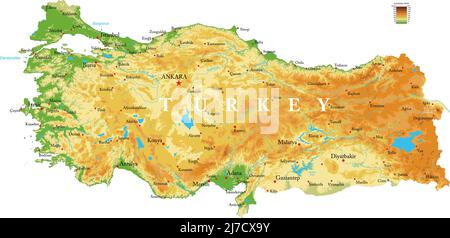 Sehr detaillierte physische Karte der Türkei, im Vektorformat, mit allen Reliefformen, Regionen und großen Städten. Stock Vektor