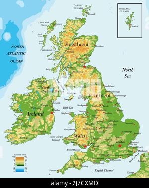 Hochdetaillierte physische Karte von Großbritannien und Irland, im Vektorformat, mit allen Reliefformen, Bundesstaaten und großen Städten. Stock Vektor
