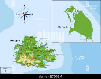 Hochdetaillierte physische Karte von Antigua und Barbuda, im Vektorformat, mit allen Reliefformen, Regionen und großen Städten. Stock Vektor