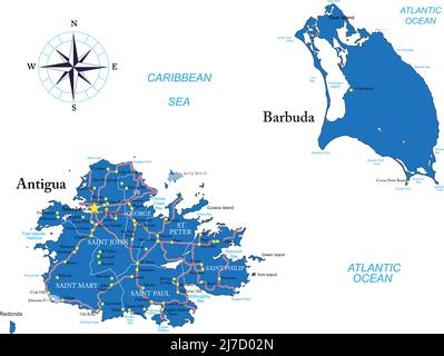 Hochdetaillierte Vektorkarte von Antigua und Barbuda mit Verwaltungsregionen, Hauptstädten und Straßen. Stock Vektor