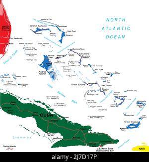 Detaillierte Vektorkarte der Bahamas mit Landesgrenzen, Kreisnamen, Hauptstraßen und einer sehr detaillierten State Silhouette. Stock Vektor