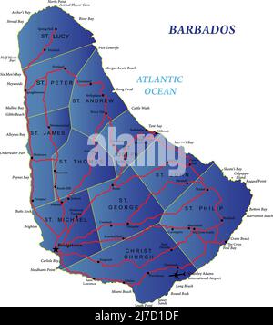 Sehr detaillierte Karte von Barbados mit Straßen und maine Städten. Stock Vektor