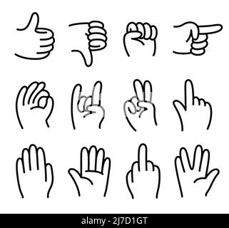 Zeichentrickfilm Hände Gestensatz. Einfache handgezeichnete Symbole im Comic-Stil. Schwarz-Weiß-Strichgrafiken, Vektorgrafik. Stock Vektor
