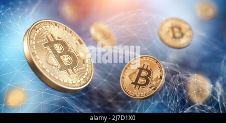Bitcoin-Münzen auf blauem abstrakten Technologiehintergrund. 3D Abbildung Stockfoto