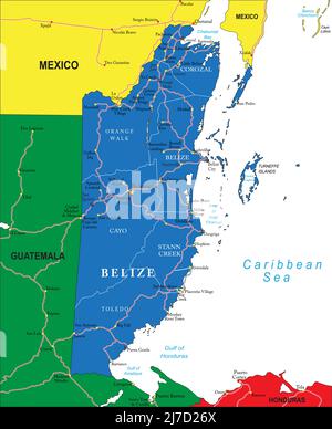 Sehr detaillierte Vektorkarte von Belize mit Verwaltungsregionen, Hauptstädten und Straßen. Stock Vektor