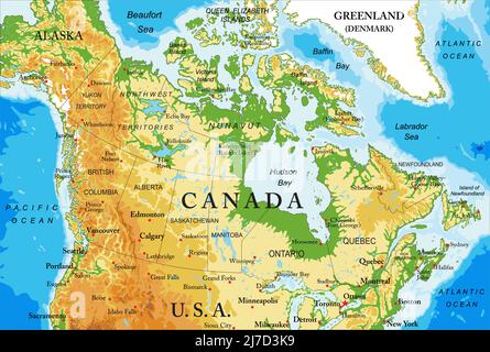 Sehr detaillierte physische Karte von Kanada, im Vektorformat, mit allen Reliefformen, Regionen und großen Städten. Stock Vektor