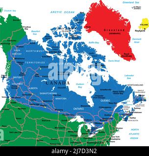 Sehr detaillierte Vektorkarte von Kanada mit Verwaltungsregionen, Hauptstädten und Straßen. Stock Vektor