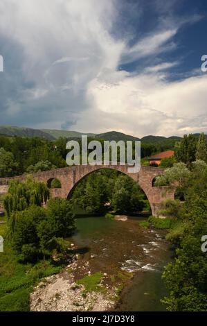 Die anmutige Pont Vell oder alte Brücke über den Fluss Ter bei Sant Joan de les Abadesses in Katalonien, Spanien, ist das Ergebnis von Reparaturen und Umbauten, wobei das ursprüngliche Gebäude aus dem 12. Jahrhundert in eine schlanke Brücke umgewandelt wurde, die angeblich nach einem Erdbeben im Jahr 1428 die leichteste gotische Brücke auf der Iberischen Halbinsel sein soll. Stockfoto