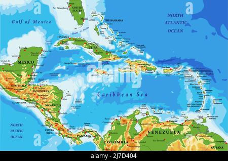 Hochdetaillierte physische Karte von Mittelamerika und den karibischen Inseln, im Vektorformat, mit allen Reliefformen, Regionen und großen Städten. Stock Vektor
