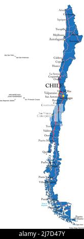 Hochdetaillierte Vektorkarte von Chile mit Verwaltungsregionen, Hauptstädten und Straßen. Stock Vektor